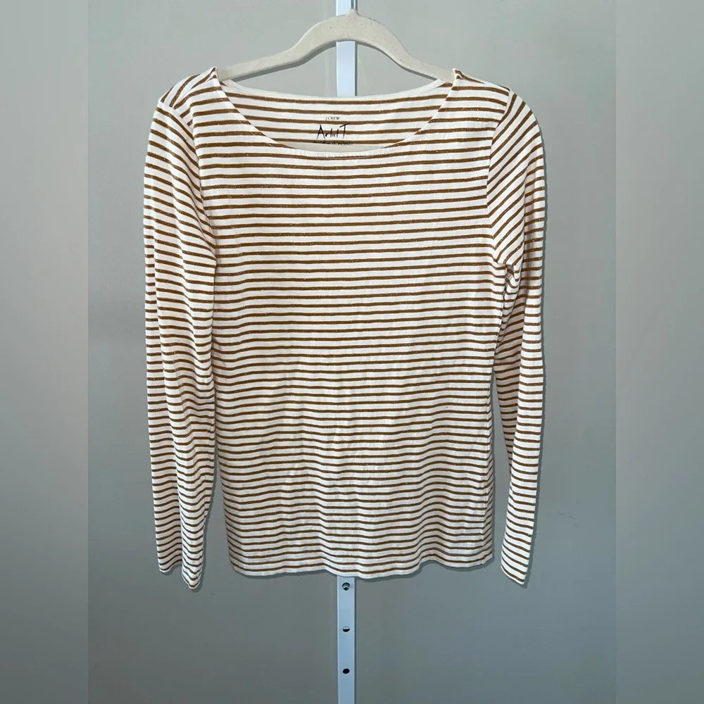 J. Crew Gold Metallic White Striped Long Sleeve Tee Boat Neck Lightweight